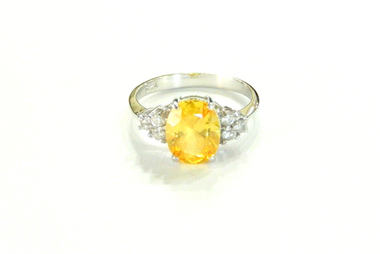 *VINTAGE*  Sterling Silver 3.50 CT Citrine & CZ Solitaire Ring Size 8.5