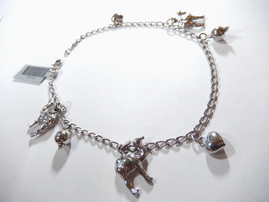 Sterling Silver Chain Anklet with Dangling Heart & Camel & Bead Charms 9" Long