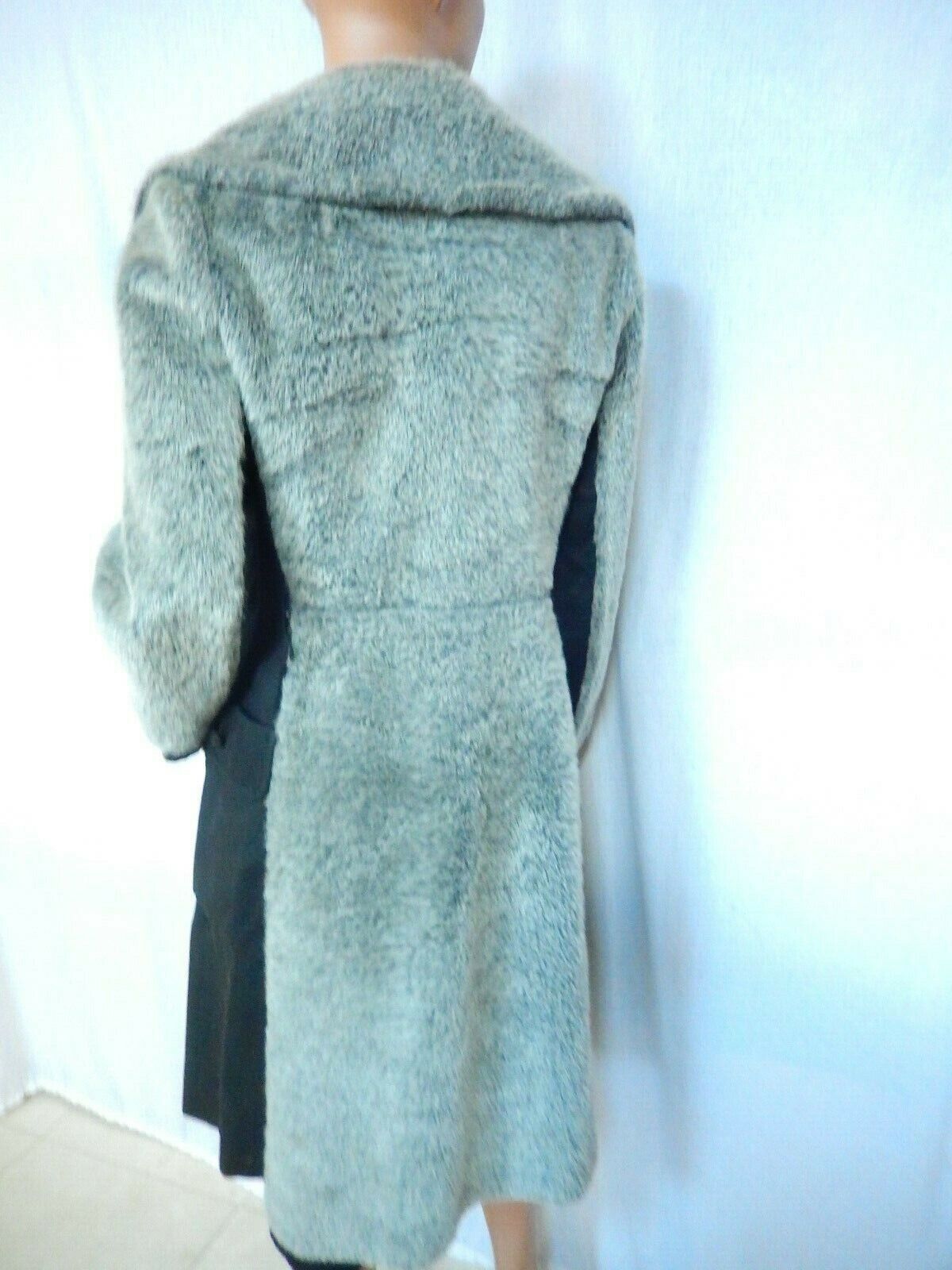 VINTAGE BETTY ROSE  LONG BLACK & GREY FAUX FUR COAT SIZE SMALL