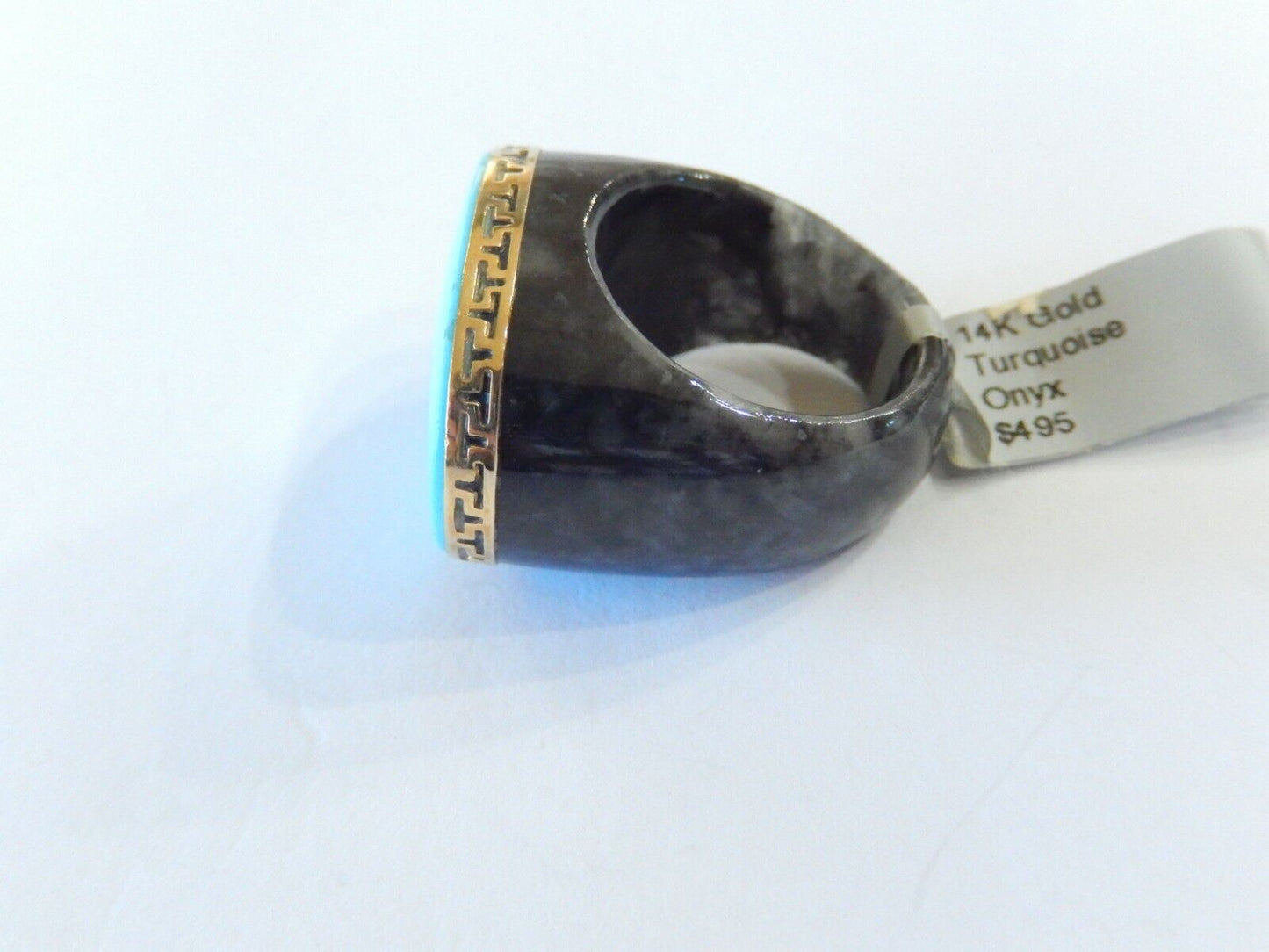 *VINTAGE*  LARGE - Signed "GSJ" - 14K Yellow Gold Black Onyx & Turquoise Ring