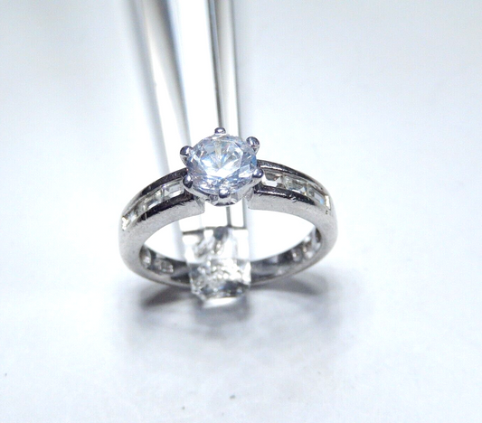 1.25 CT Sterling Silver Round & Baguette Accent Wedding/Engagement Ring Size 9
