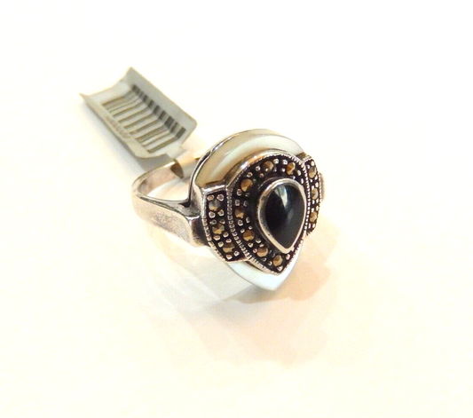 *VINTAGE* Sterling Silver Blk Onyx Mother Of Pearl & Marcasite Cocktail Ring 8.5