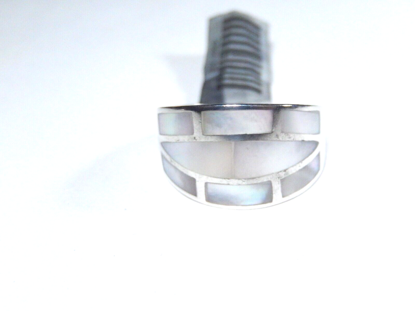 *VINTAGE* Signed "MD" Sterling Silver Wide Band Inlay Mother of Pearl Ring Sz 9