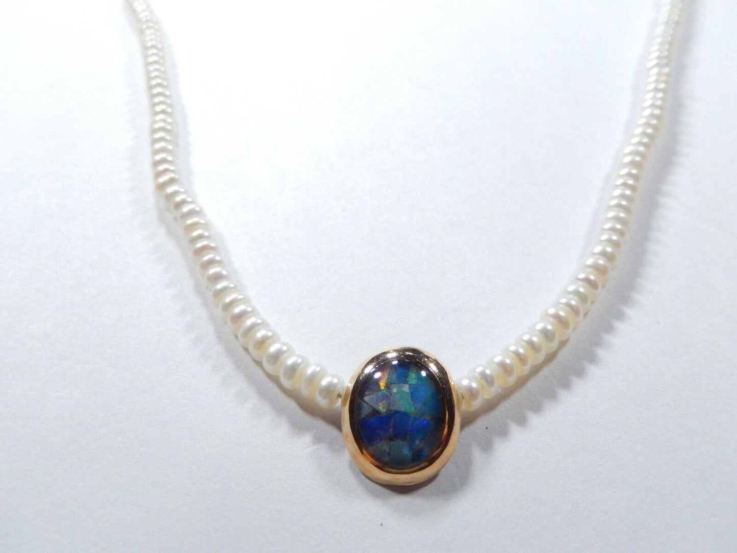 *VINTAGE* 14K Yellow Gold Mosaic Opal Triplet Pendant /18" Button Pearl Necklace