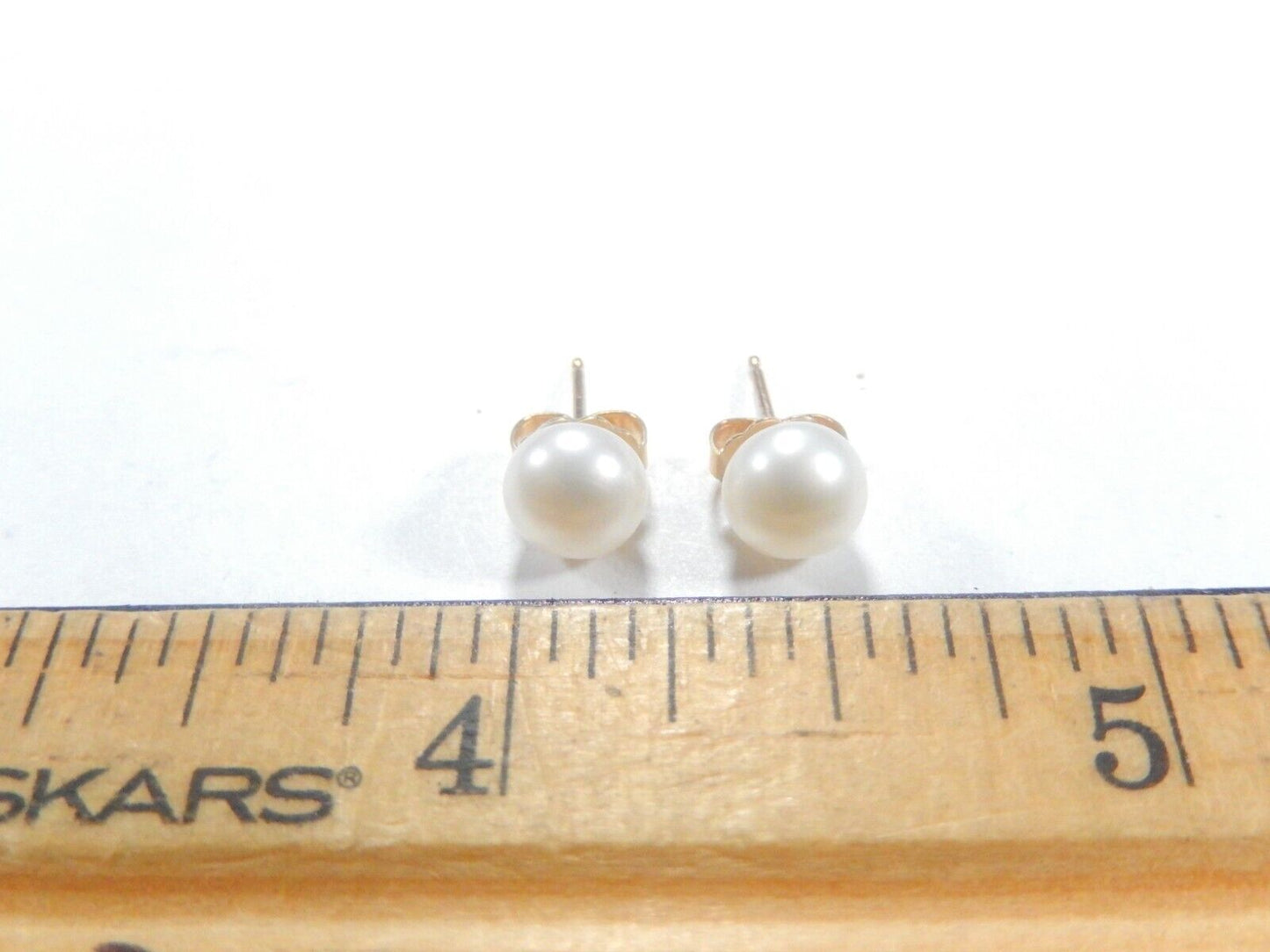 14k  Solid Yellow Gold 6.5 mm Button Pearl White Stud Earrings