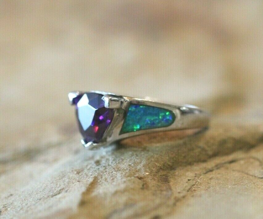 *VINTAGE*   AMETHYST  &  FIRE OPAL Ring with CZ  925 STERLING SILVER Sz 7.5