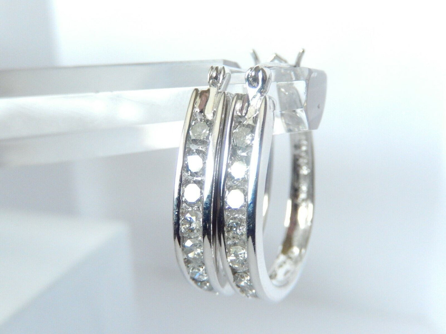 14K White Gold 1CT Natural Diamond Channel Set Oblong Hoop Earrings 24mm x 19mm