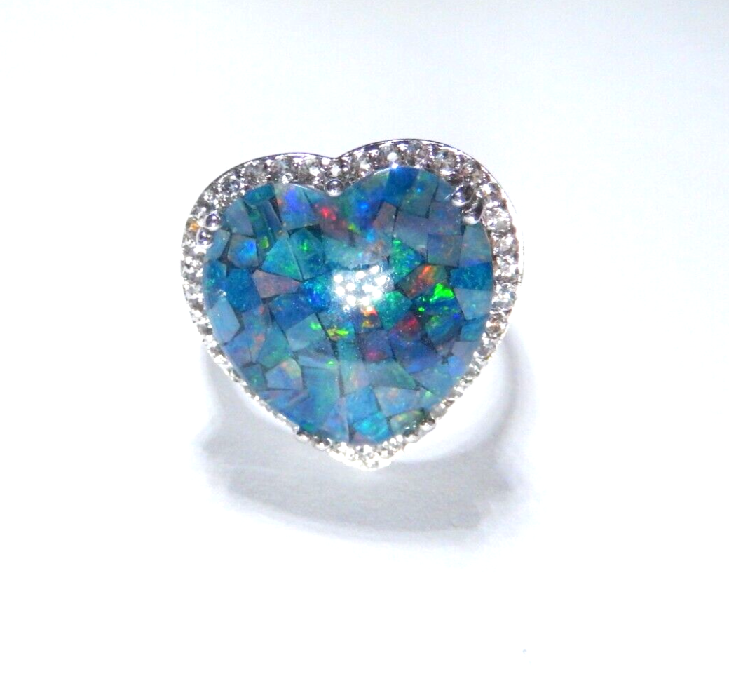 LARGE Blue  Opal Inlay and cz  Heart Ring Sterling Silver 925, size 8