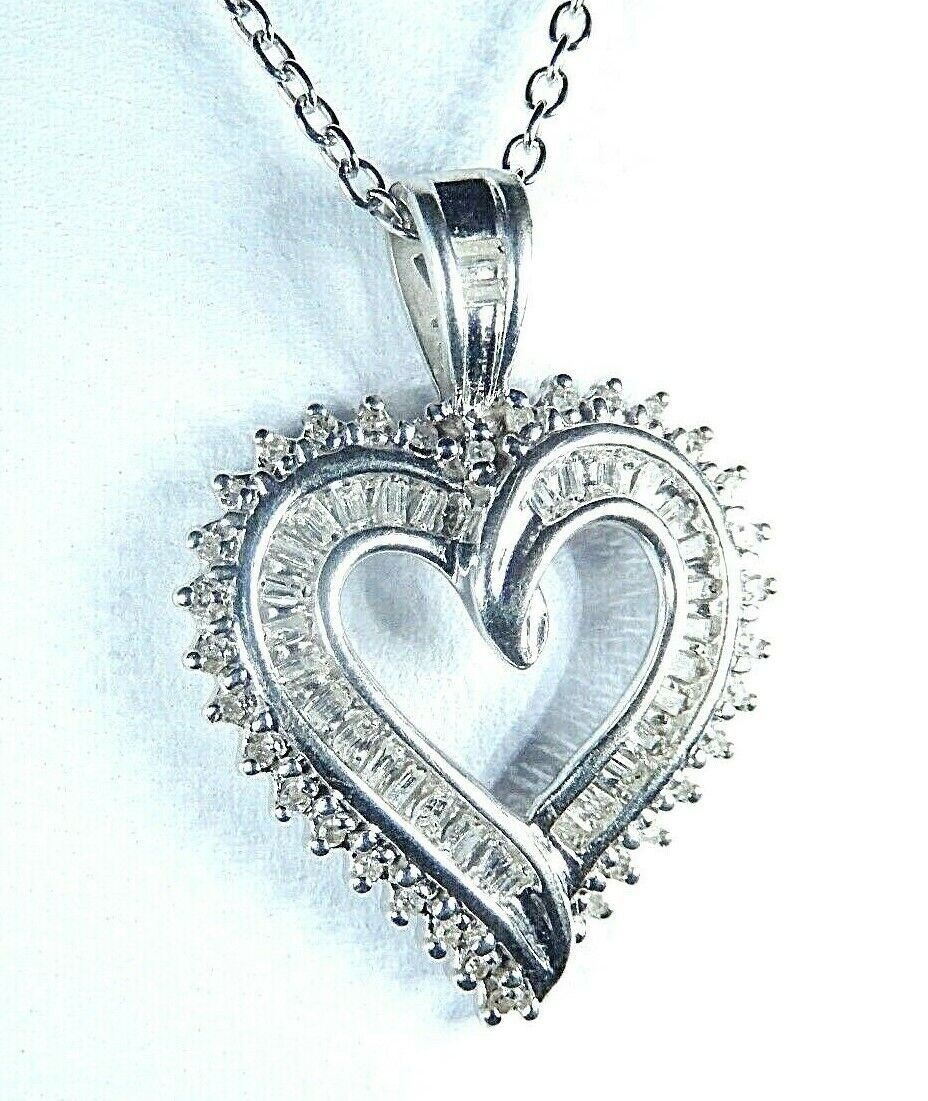 10K White Gold 1CT Diamond Stunning Baguette Loving You Heart Necklace Pendant