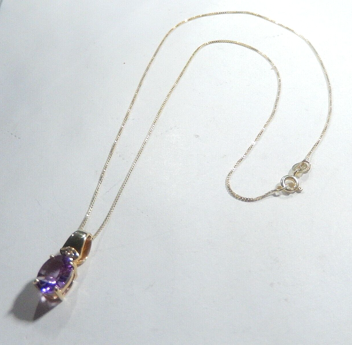 VINTAGE  14k Yellow Gold Oval Shaped Amethyst and Diamond Pendant with 18" Chain