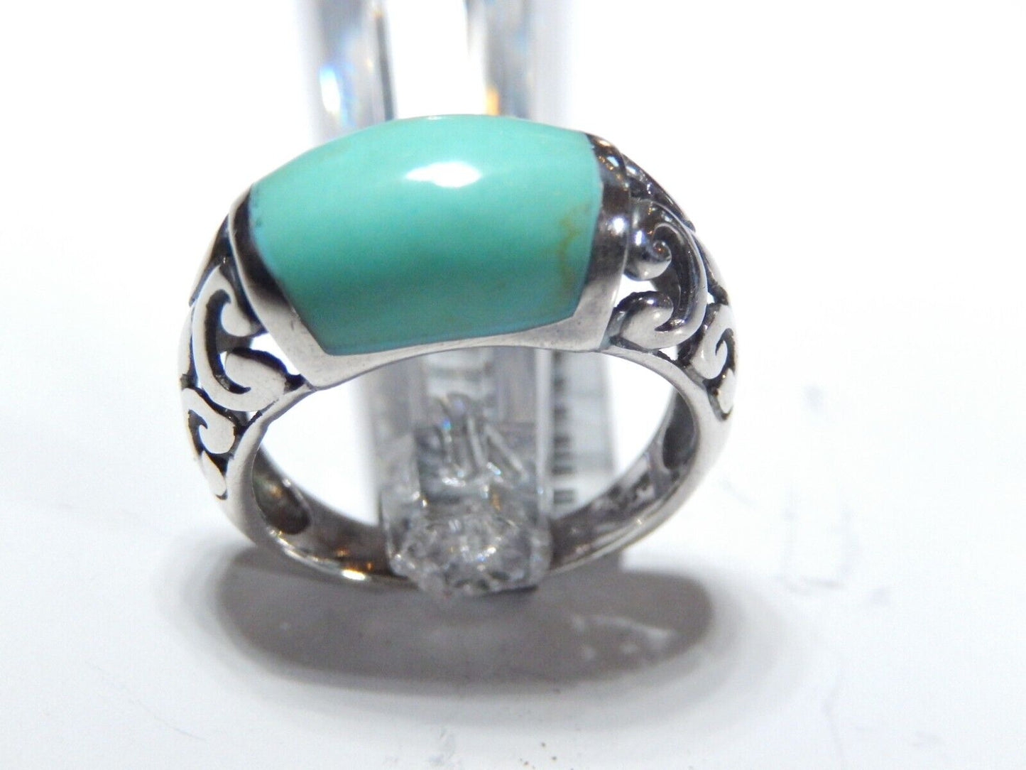 *VINTAGE*  Scroll Design Sterling Silver Inlay Turquoise Ring Size 8