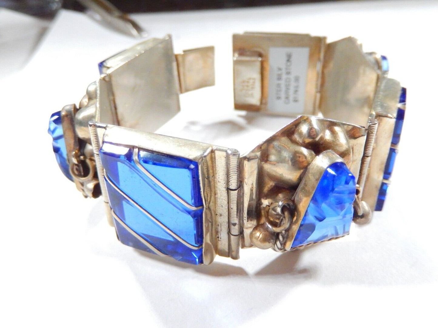 VINTAGE  Taxco Sterling Silver Blue Glass 1" Wide 7" Bracelet Weighs 68.8 gms