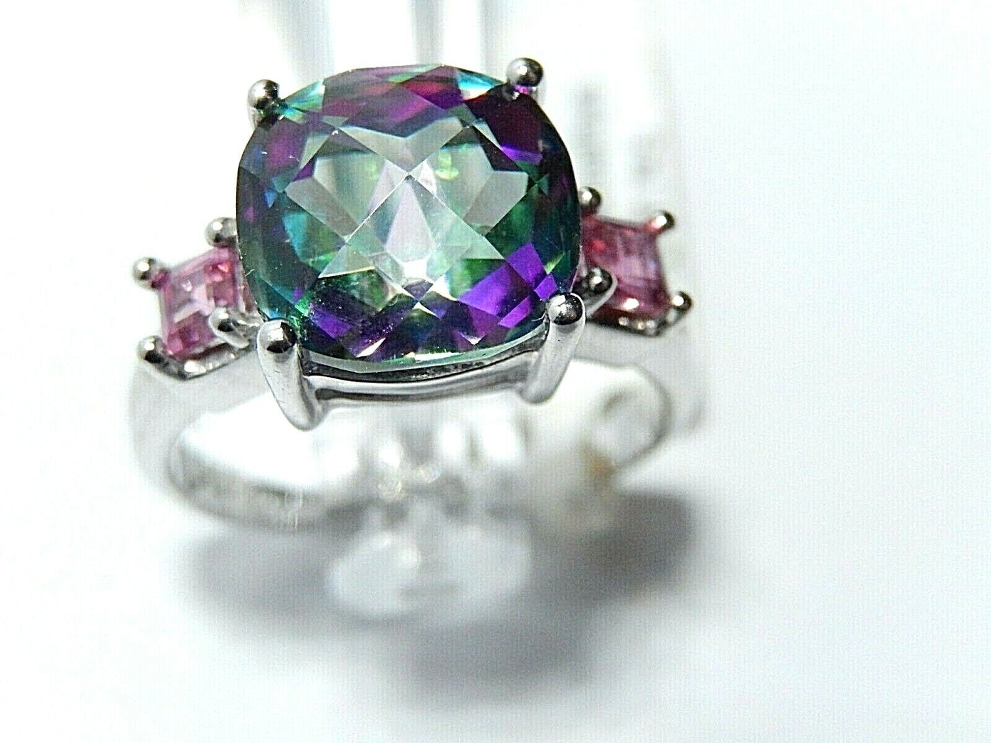 *NWT* Gorgeous 10K WHITE GOLD 5CT Fancy Cushion Cut Mystic Topaz Ring  Size 7.75