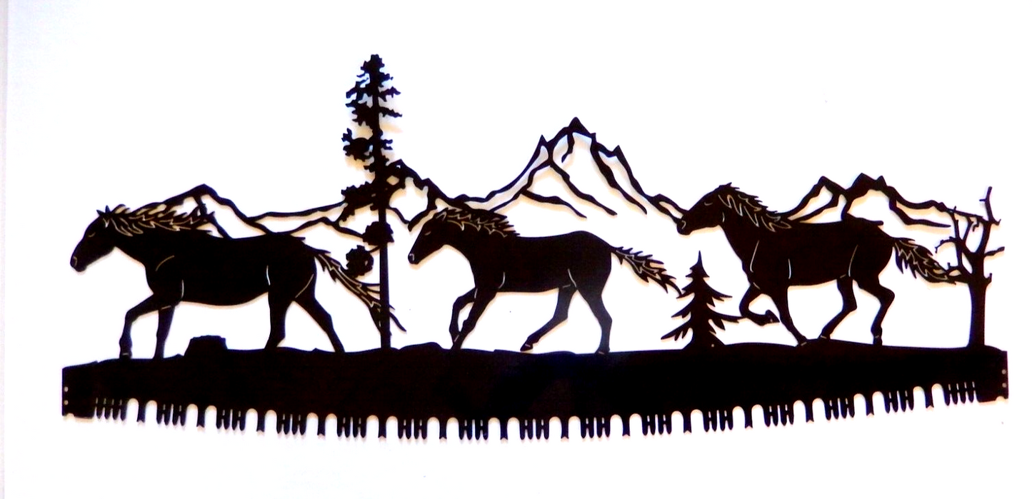 NEW~EXTRA LARGE 14ga."RUNNING HORSES IN FOREST SAWBLADE" Metal Wall Art35.5"x12"