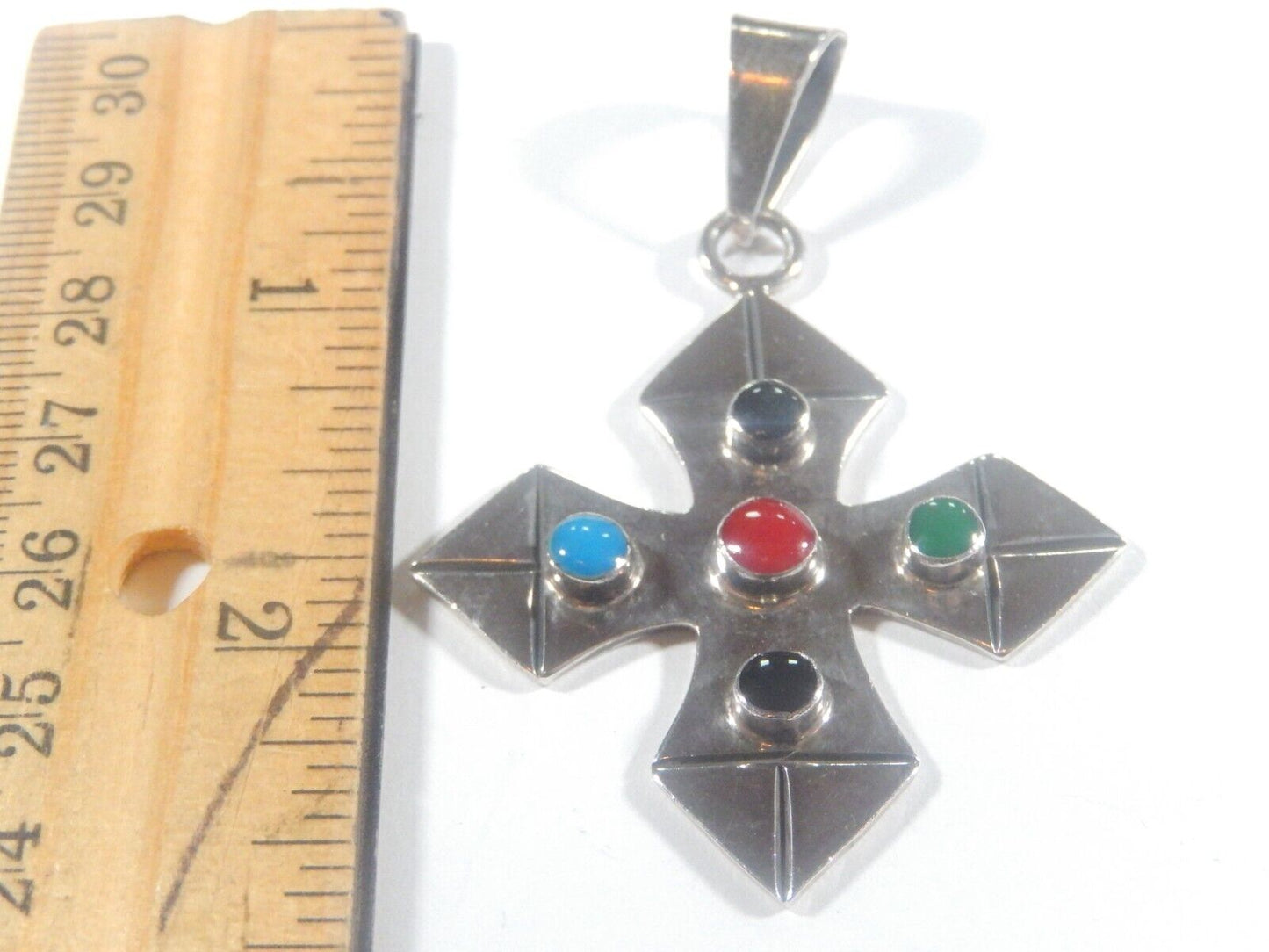 *VINTAGE*   Sterling Silver MEXICO TAXCO Multi Stone  Cross Pendant w/Lg Bail