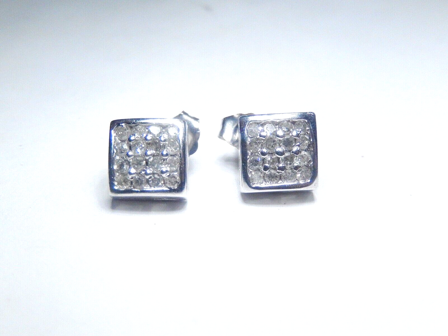10K White Gold .33CT  Natural Diamond Square Cluster Mens/Ladies Stud Earrings