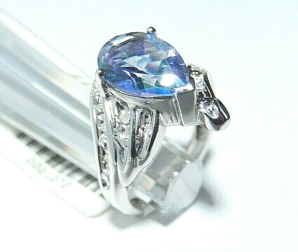 *NWT*  10K White Gold 2CT Pear Shape Mystic Topaz & Diamond Ring Size 3.25