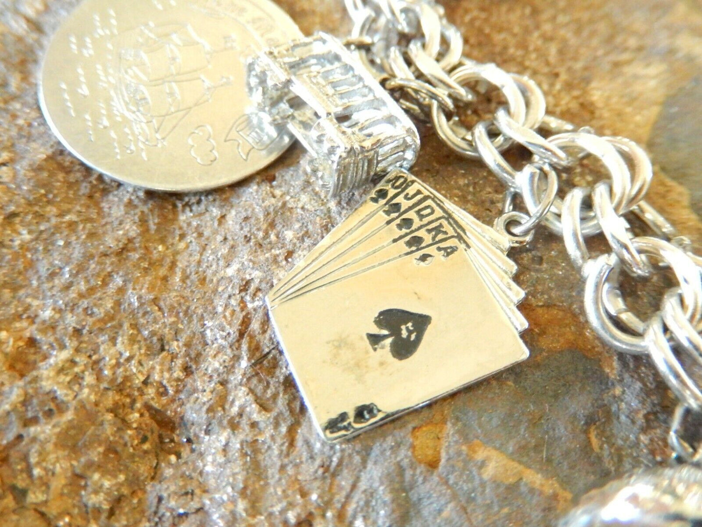 *VINTAGE *  JB Sterling Silver Heavy Dbl Link Charm Bracelet & 14 Mixed Charms