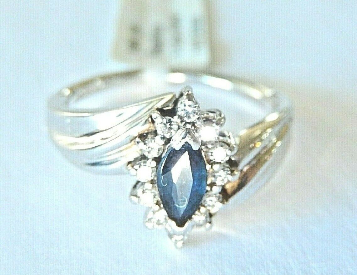 *VINTAGE* HIGH QUALITY 14K White Gold  Blue Sapphire & Diamond Halo Ring Sz 8.25