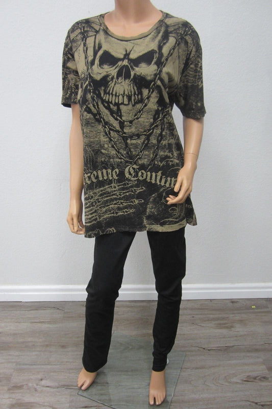 NWOT - XTREME COUTURE Skull  Top T-Shirt Shirt Tee ~Black/Brown Size Large