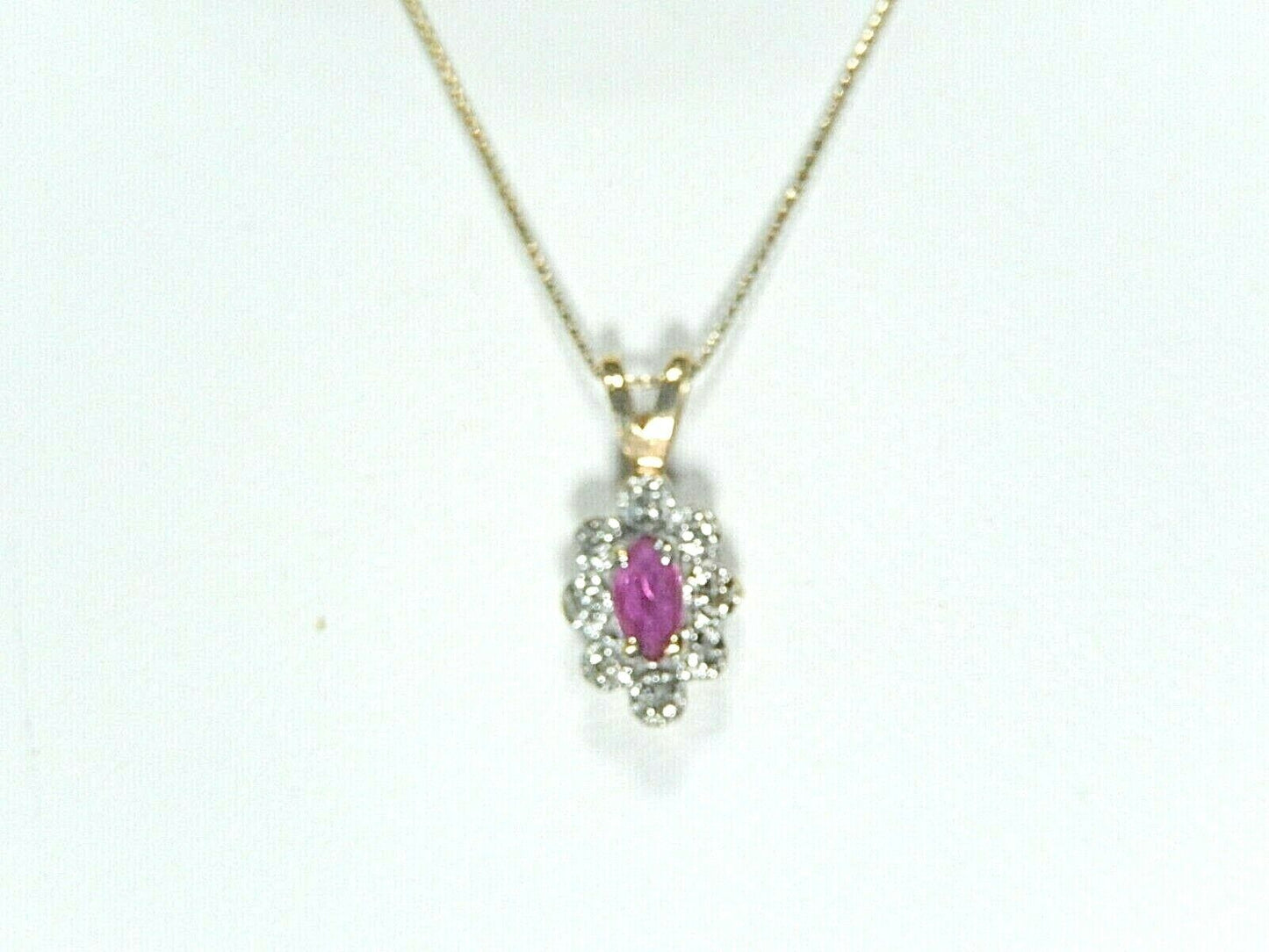 *VINTAGE* 14k Yellow Gold Marquise Ruby Pendant w/ 8 Diamond Halo w/18" 14kChain
