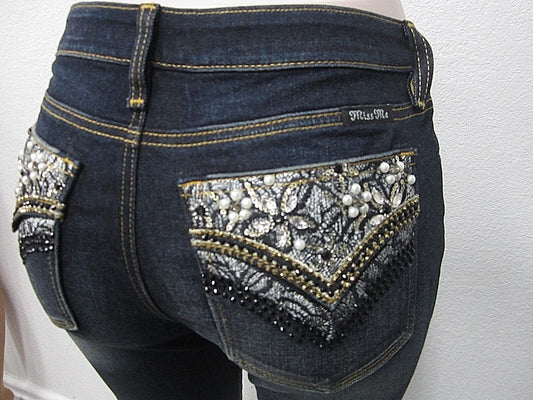 NWT Miss Me Very Cute Faux Flap Pocket Embellished Jeans - Boot Cut M3024B 29x34