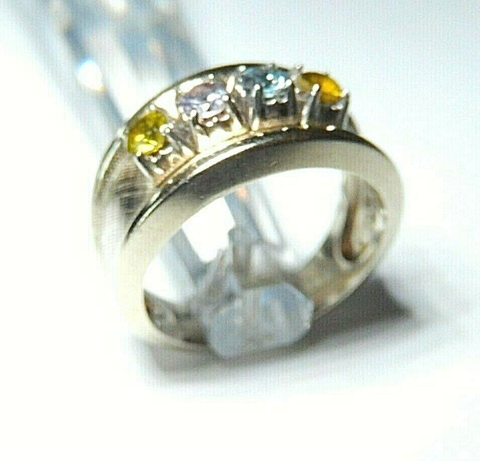 *VINTAGE* 10k Yellow Gold Four Gem Stone 10mm Wide Ring Band Size 6.75