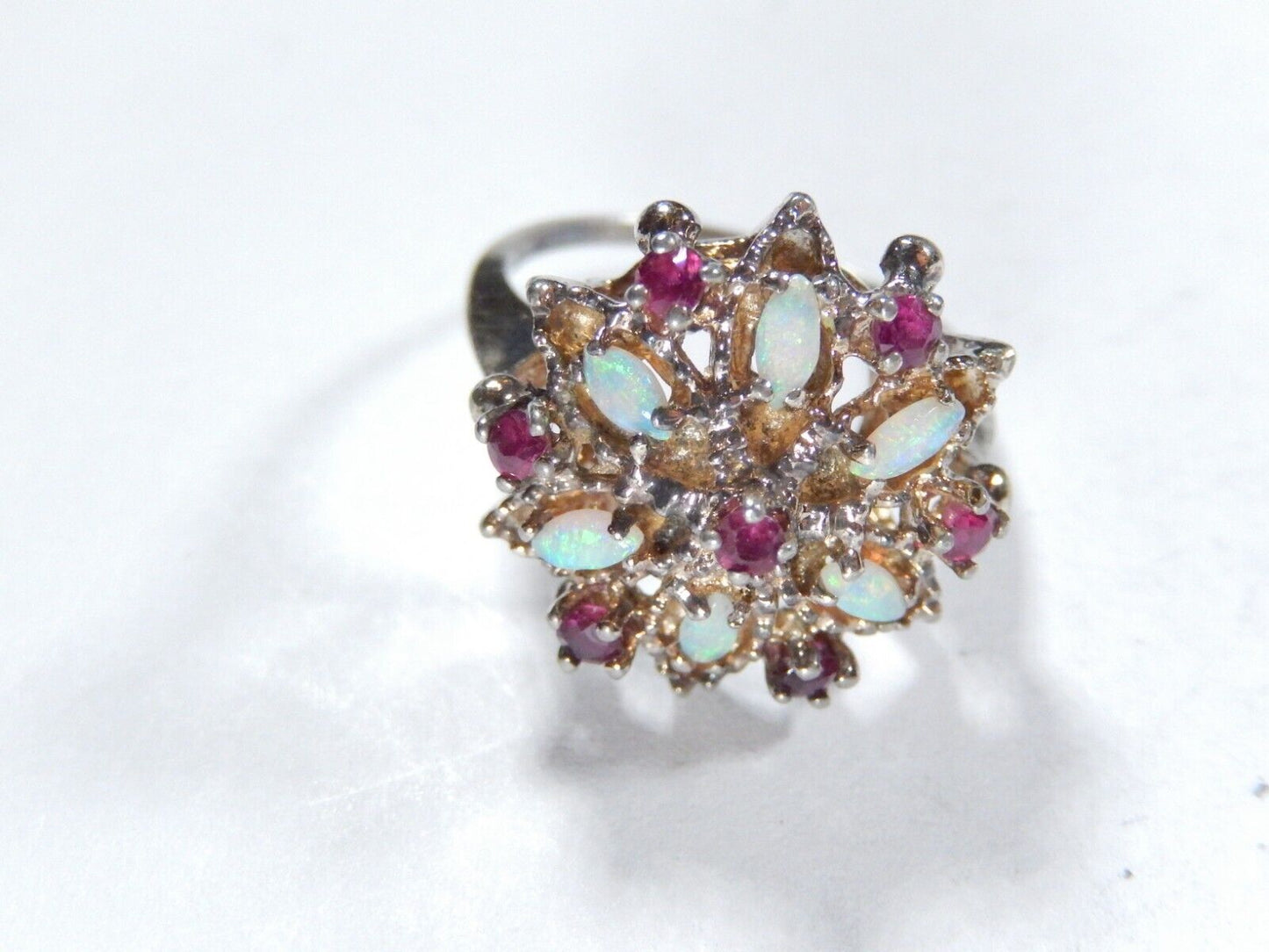 *VINTAGE*  Sterling Silver 925 RUBIES & OPALS Ladies Cocktail RING Size 5.5