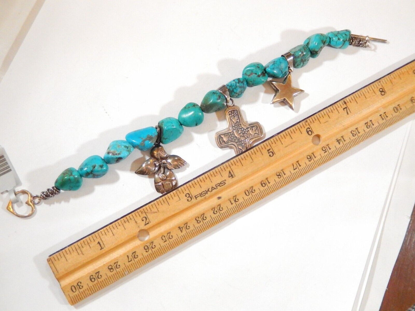 *VINTAGE* Sterling Silver Charms And Turquoise Chunky Beaded Bracelet 9"