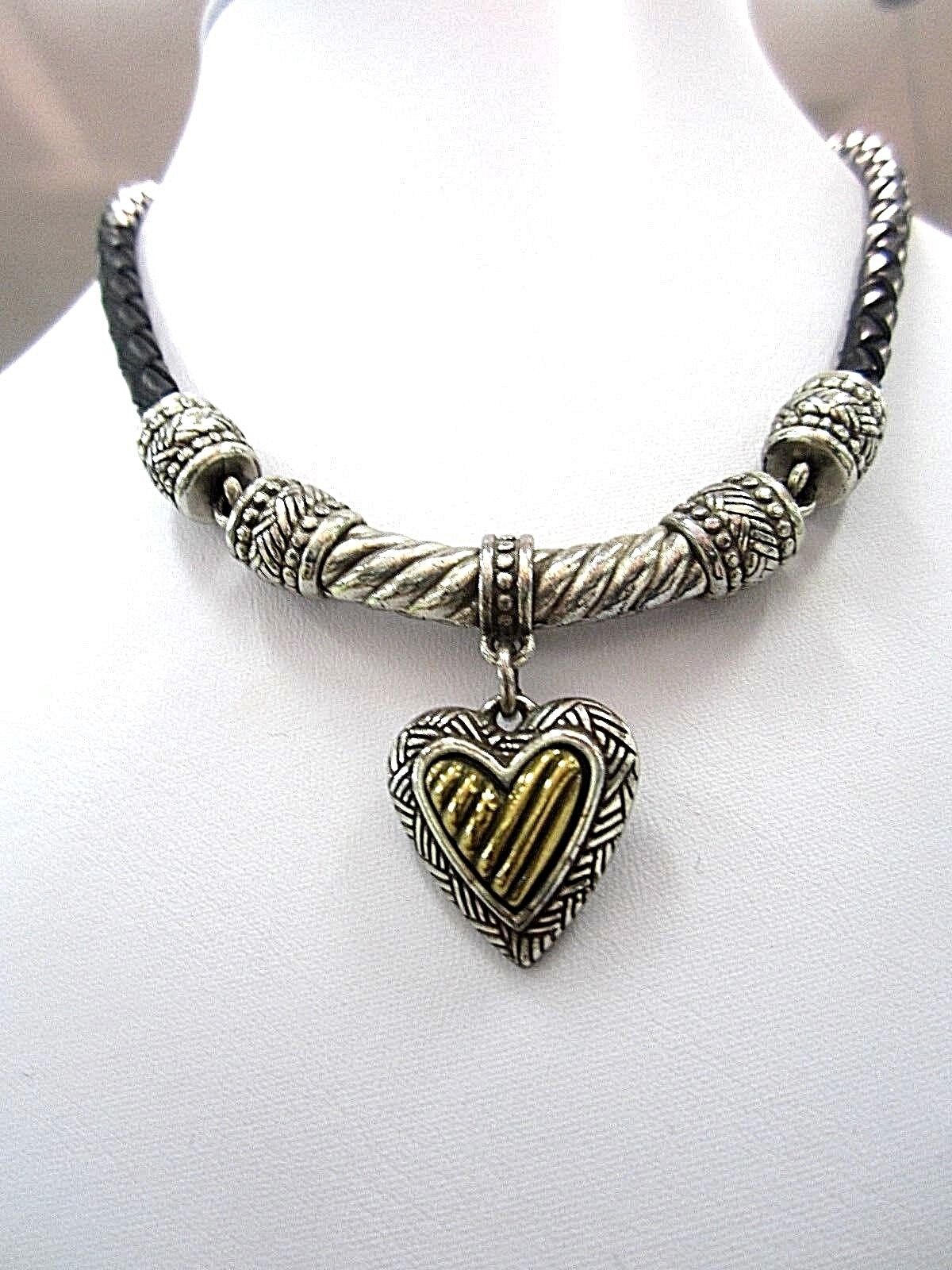 RETIRED Brighton Black Braided Leather Cord Heart Pendant Statement Necklace