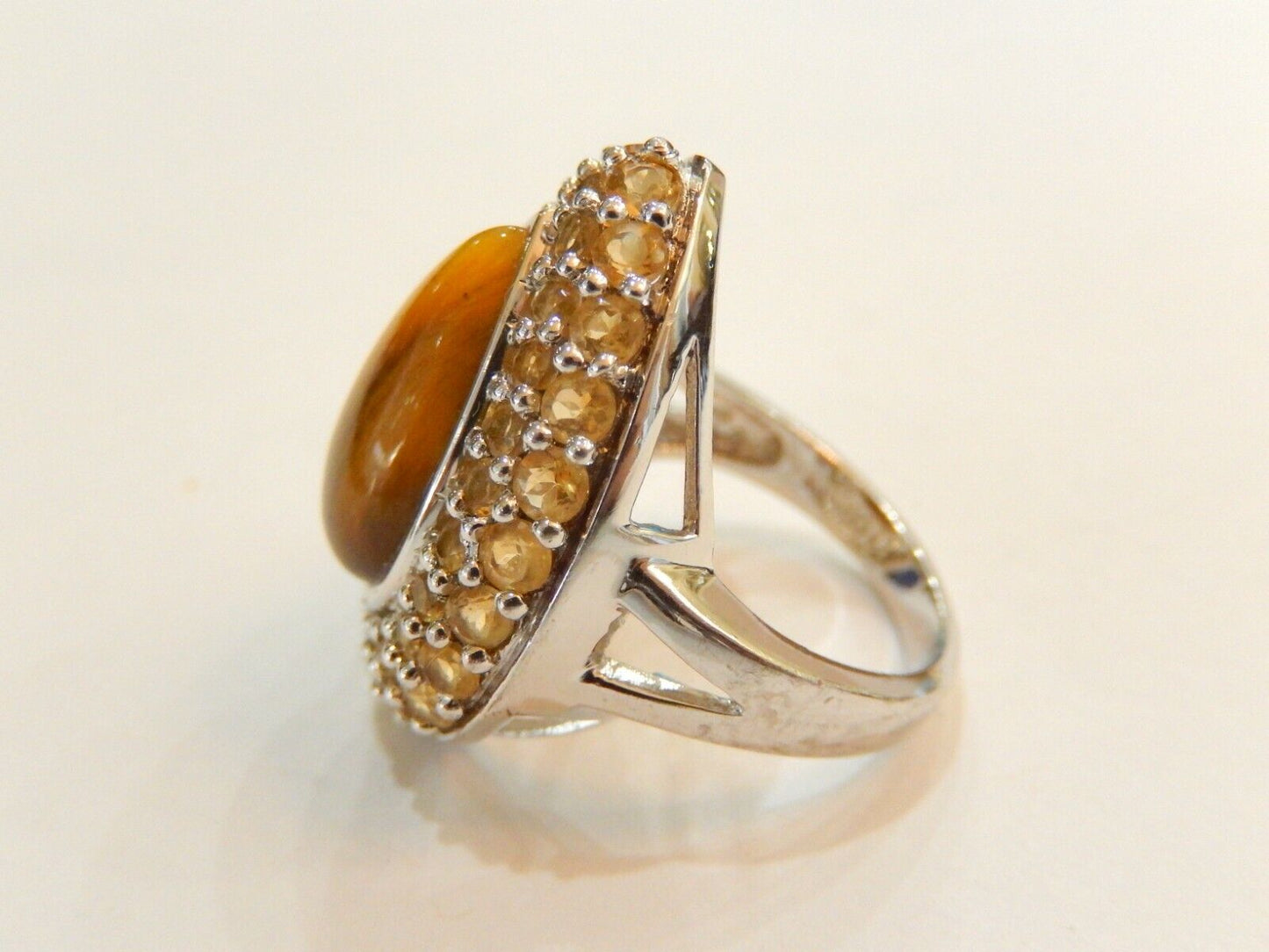 Tiger's Eye & Citrine Sterling Silver STATEMENT Gemstone Ring Size 6.5