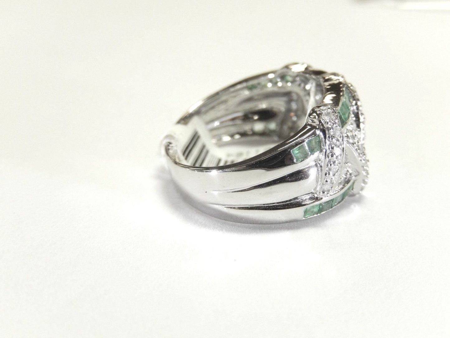 ELITE 14K WHITE GOLD GREEN EMERALD AND ROUND CUT DIAMONDS RING ART DECO SIZE 7