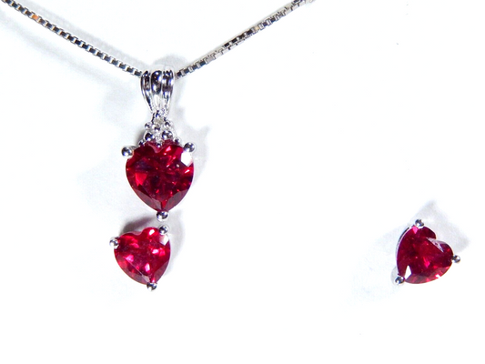 10K White Gold  Lab Created  Ruby Heart Pendant Necklace &Earring Set w/18"chain