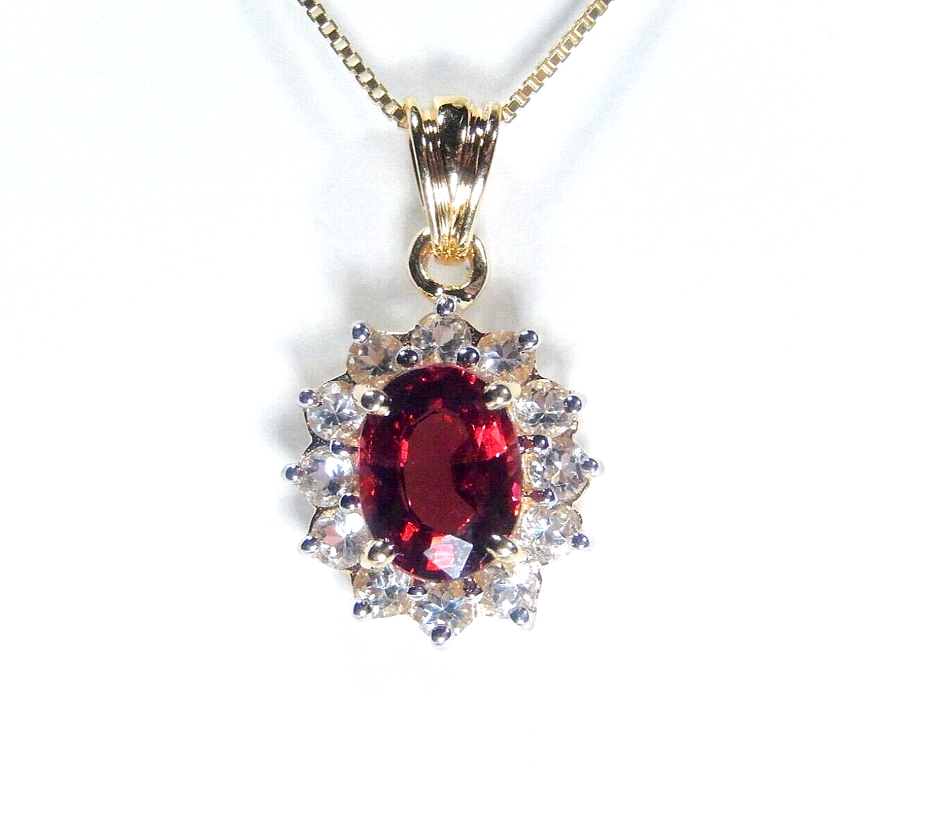 14K Yellow Gold 2.00 Ct Oval Cut Red Garnet & 12 CZ Pendant w/18"chain