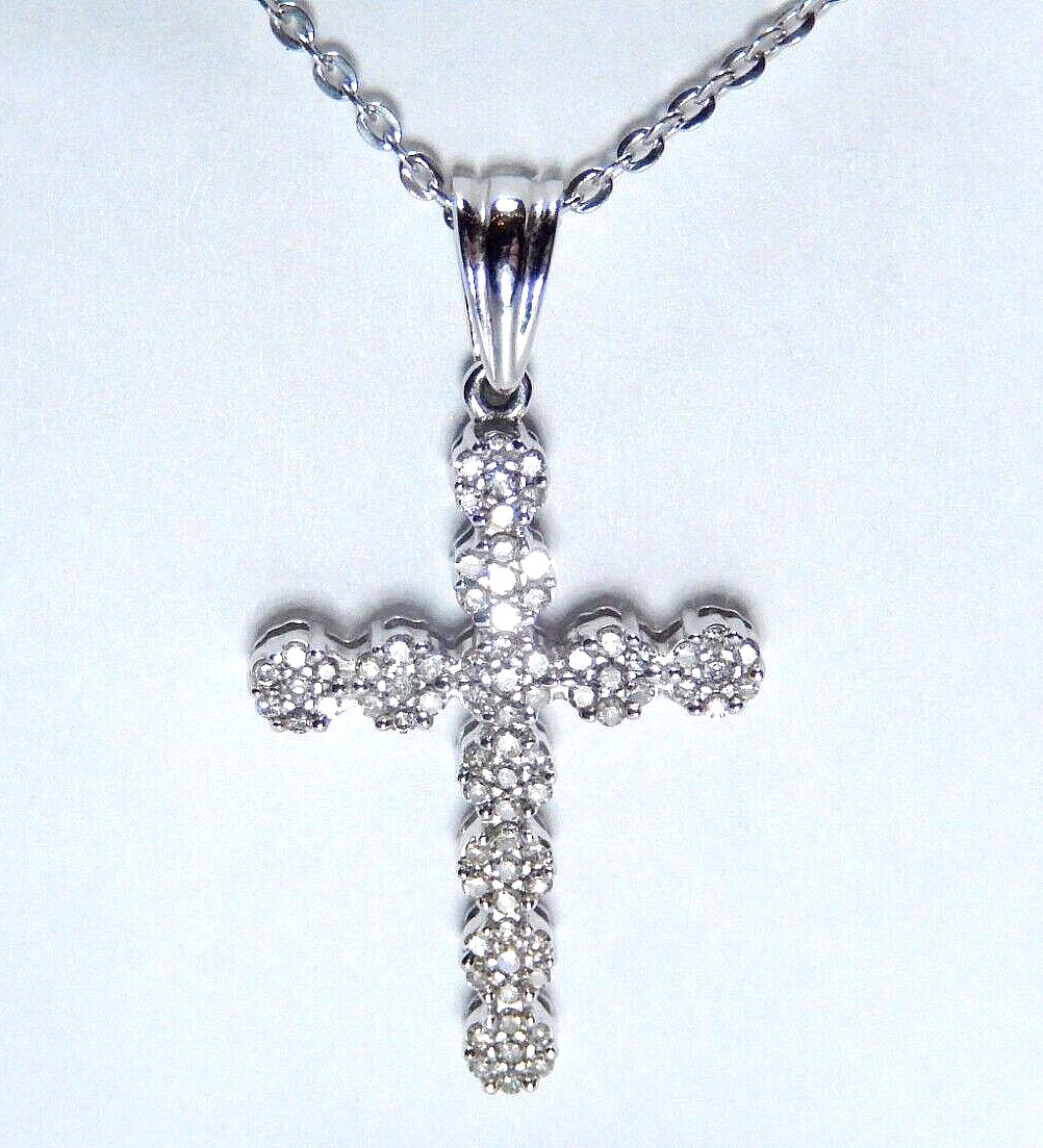 *NEW* 10k White Gold .40CT 77 Natural Diamond Cross Pendant w/18" Chain