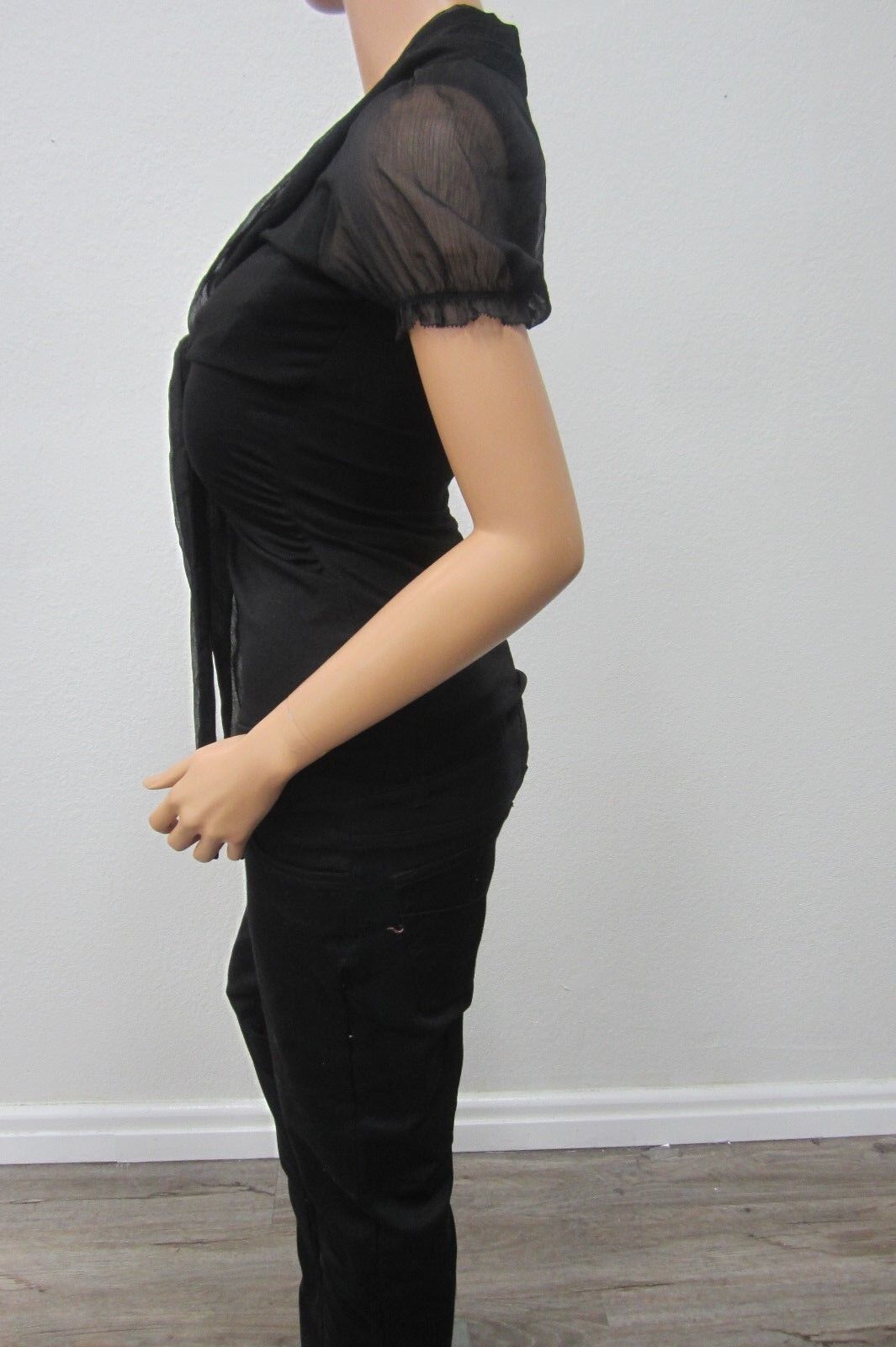 CUTE White House Black Market Womens Short Sleeve Black Semi Sheer Top Size XXS