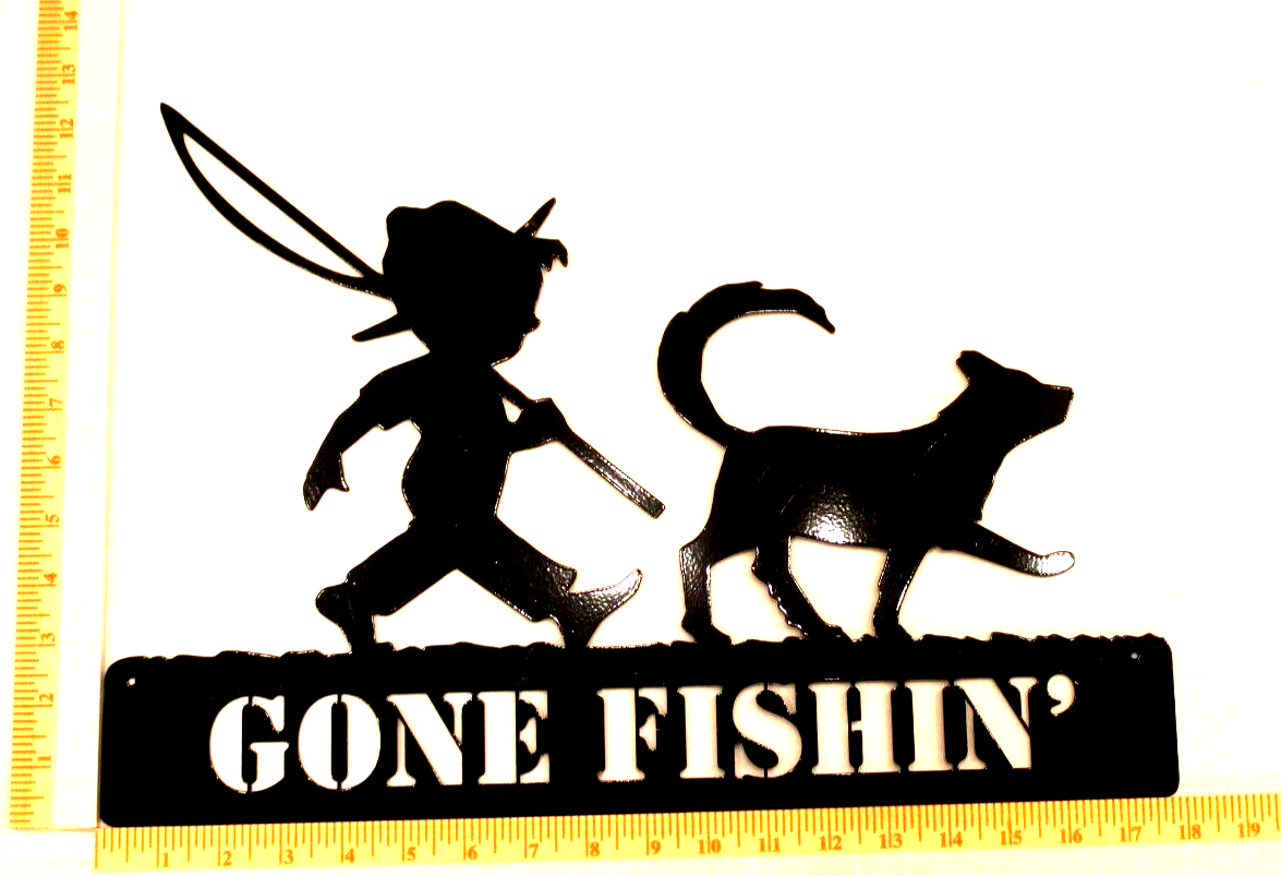 *NEW* Large 14ga.  "GONE FISHING" Boy & Dog 18" x 12" Black Metal Wall Art Decor