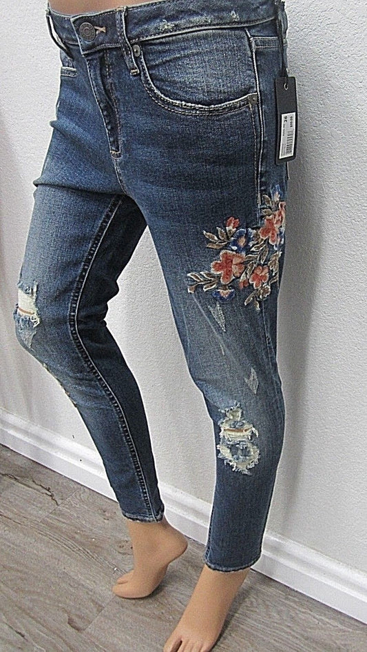 NWTMiss Me Women's Distressed Embroidered Ankle Skinny Denim Jean Medium Blue 26