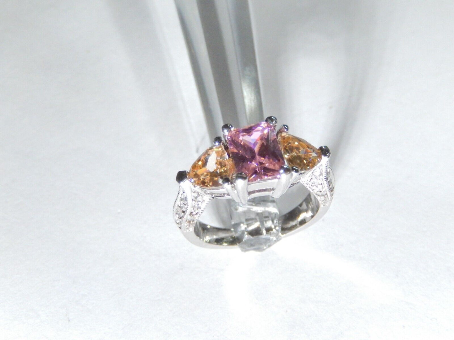 Radiant & Triangle Cut Pink Cubic Zirconia Engagement Ring  Sterling Silver Sz 7