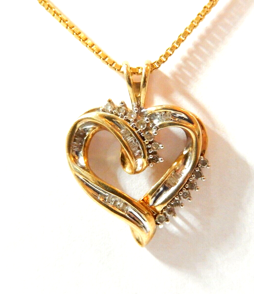 10k Yellow Gold  Round & Baguette Diamond Heart Pendant Necklace w/18" Chain