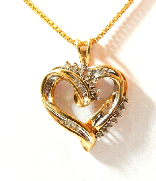 10k Yellow Gold  Round & Baguette Diamond Heart Pendant Necklace w/18" Chain