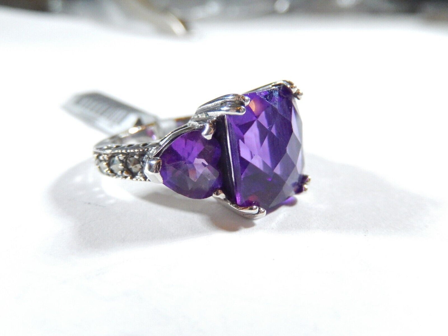 *VINTAGE*  Sterling Silver 8.00 CT Checkerboard Amethyst Three Stone Ring Size 7