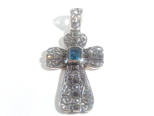 *VINTAGE* LARGE  Sterling Silver Filigree Blue Topaz & Marcasite Cross Pendant