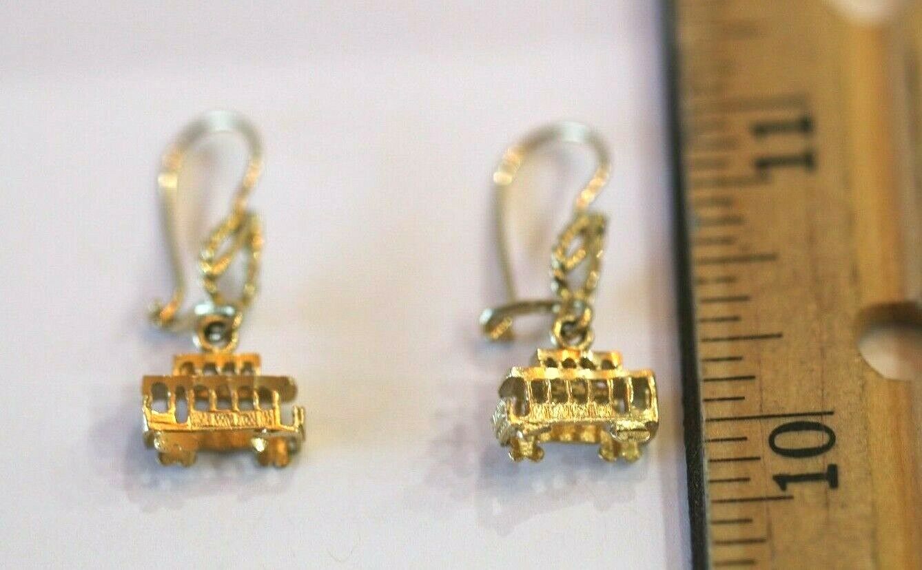 14KT Yellow Gold Unique 3 D  Trolley Car Dangle Drop Earrings 1 1/8"  x  1/2"