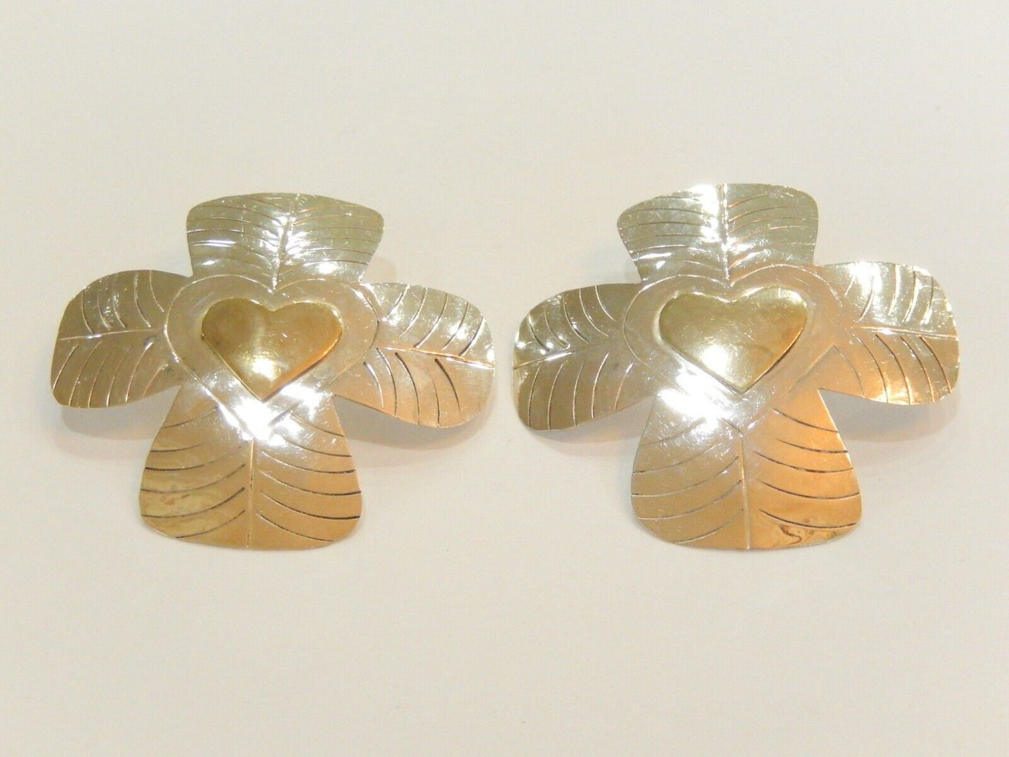 *VINTAGE* HUGE 2.25" Sterling Silver LATON Handmade 4 Clover Earrings Mexico