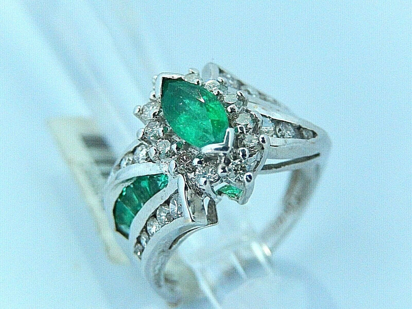 HIGH END 14k White Gold 1.50CT Natural Emerald & Natural Diamond Ring Size 7.5