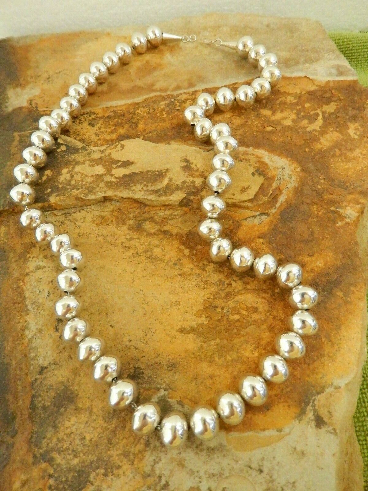 VINTAGE Native Amer  Pearls 12mm Sterling Silver Oval Bead Necklace 24" 79.33gms