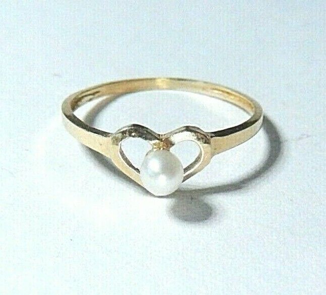 Babies Childs Toddler 14k Yellow Gold 3mm Pearl Solitaire Heart Ring Size 3.25