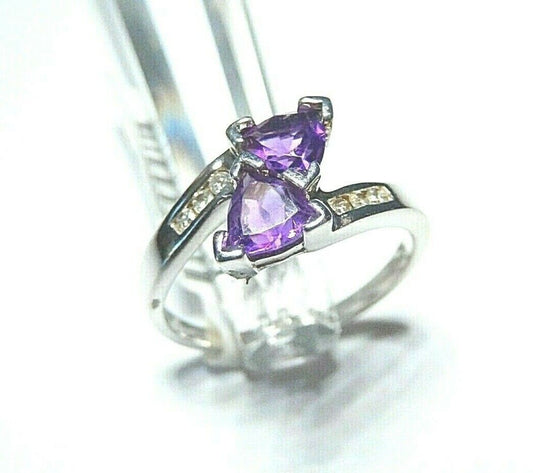 *NWT* 10K White Gold 1 CT Triangle Cut Amethyst & Six Diamond Bypass Ring Sz 7.5