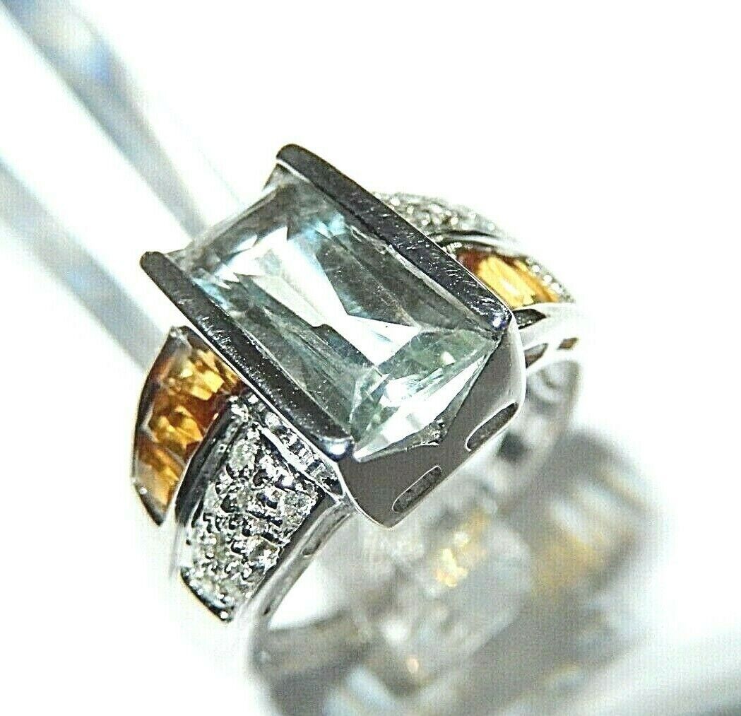 *VINTAGE* 14k Yellow Gold 3.50 CT Aquamarine / Citrine / Diamond SNB Design Ring